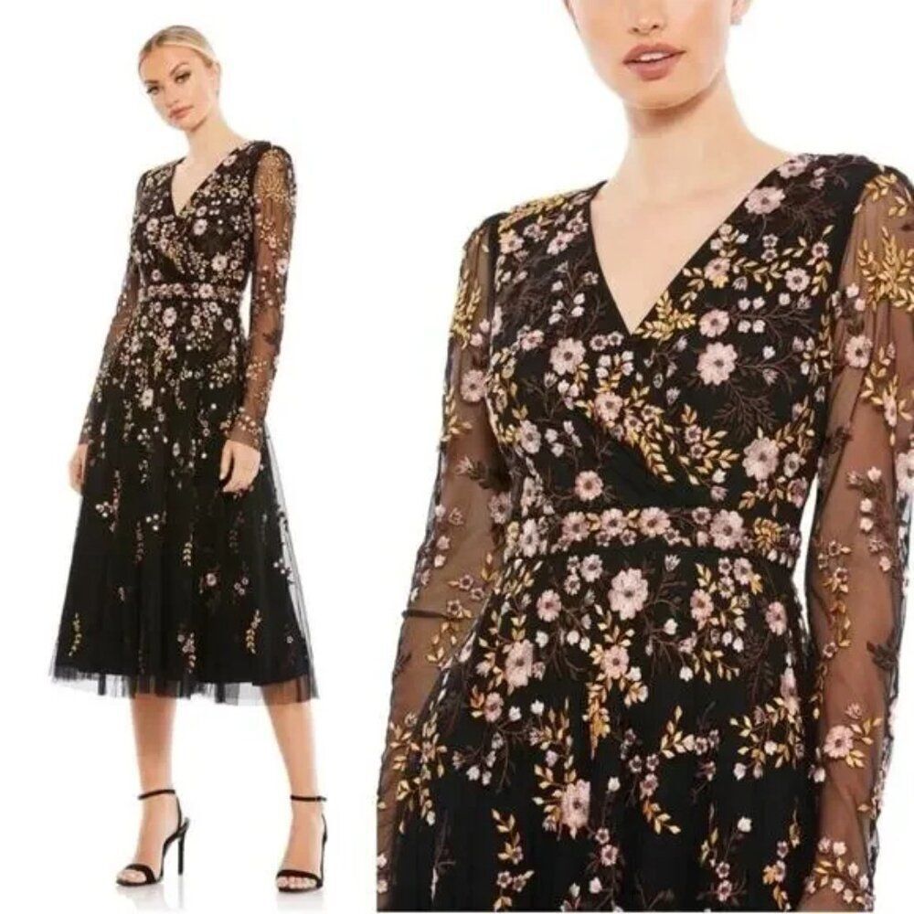 Mac Duggal 35103 Size 8 Black Floral Embroidered Long Sleeve Cocktail Midi Dress